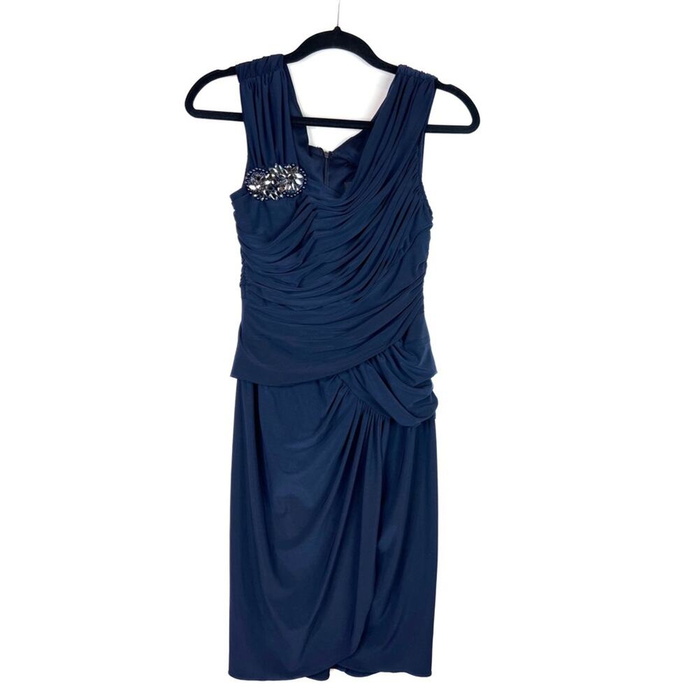 Adrianna Papell Navy Draped Jewel Embellished Detail Sleeveless Dress.